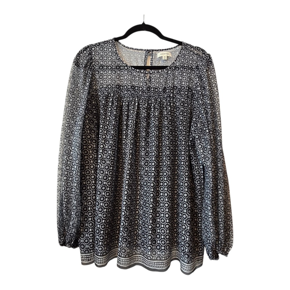 Max Studio Border Print Mesh Blouse Women's Plus 1X Black Tunic Boho Retro Lined